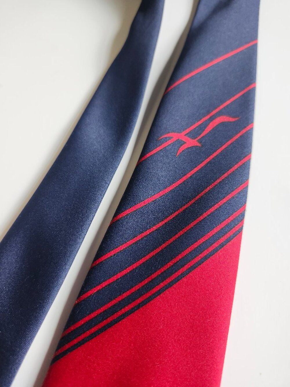 Glenora 100% Silk Men's Tie Red + Navy Blue w/ Stripes and Bird Silhouette